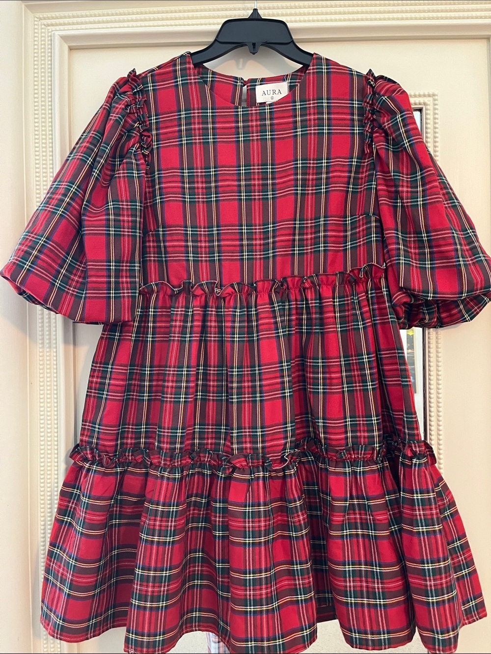 Aura Red Plaid Ruffle Tiered Dress